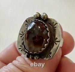 Bague en argent sterling et agate de feu de l'époque Fred Harvey Navajo Old Pawn - Taille 6.5