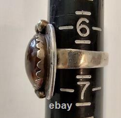 Bague en argent sterling et agate de feu de l'époque Fred Harvey Navajo Old Pawn - Taille 6.5