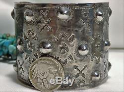Big 2+ High Fred Harvey Era Navajo Repousse Coin Silver 90% Ag Thunderbird Cuff