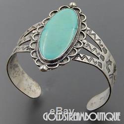 Bracelet À Manchette Large Turquoise Vintage Fred Harvey Era Navajo En Argent Sterling