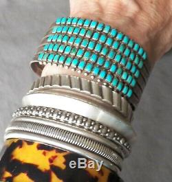 Bracelet À Manchette Turquoise Carrée À 5 Rangées De Timbres D'argent Fred Harvey D'époque Zuni
