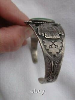 Bracelet De Manchette Estampillé Vintage Fred Harvey Era Navajo Silver Turquoise Thunderbird