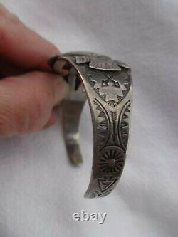 Bracelet De Manchette Estampillé Vintage Fred Harvey Era Navajo Silver Turquoise Thunderbird