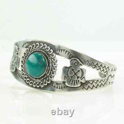 Bracelet Jonc en Argent Sterling de l'Ère Fred Harvey avec Oiseau en Turquoise Bleue, Estampillé