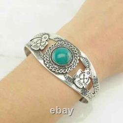 Bracelet Jonc en Argent Sterling de l'Ère Fred Harvey avec Oiseau en Turquoise Bleue, Estampillé