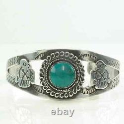 Bracelet Jonc en Argent Sterling de l'Ère Fred Harvey avec Oiseau en Turquoise Bleue, Estampillé