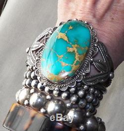 Bracelet Manchette Big Royston Turquoise Vintage Fred Harvey Era Estampé Argent