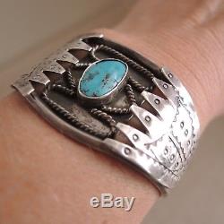 Bracelet Manchette En Argent Estampé Turquoise Navajo Sterling Vtg Fred Harvey Era