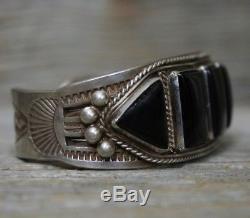 Bracelet Manchette Estampé À La Main En Argent Sterling Vintage Navajo Fred Harvey Era Onyx