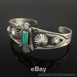 Bracelet Manchette Navajo Fred Harvey Era Coin En Argent Et Turquoise Thunderbird