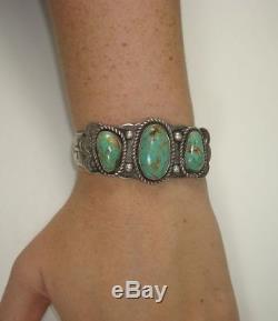 Bracelet Manchette Turquoise Vintage Argent Fred Harvey Années 1930 Taille 6.5