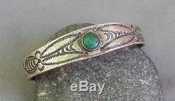 Bracelet Manchette Vintage Argenté Estampillé Fred Harvey Era Green Turquoise