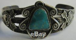 Bracelet Manchette Vintage Fred Harvey Navajo Avec Flèches Turquoise Argentées Et Indiennes