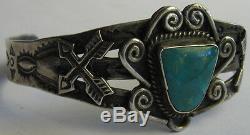 Bracelet Manchette Vintage Fred Harvey Navajo Avec Flèches Turquoise Argentées Et Indiennes