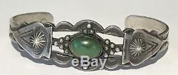 Bracelet Manchette Vintage Fred Harvey Navajo En Argent Avec Vert Turquoise, Indien