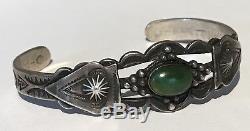 Bracelet Manchette Vintage Fred Harvey Navajo En Argent Avec Vert Turquoise, Indien