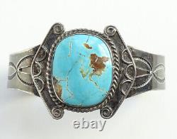 Bracelet Vintage Navajo de l'ère Fred Harvey en argent sterling avec turquoise Blue Gem.