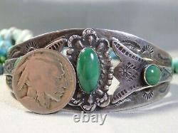 Bracelet en argent avec pièce de monnaie en turquoise Cerrillos de l'ère Fred Harvey Navajo