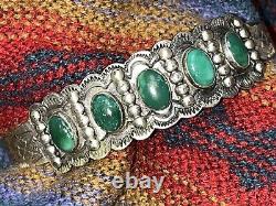 Bracelet manchette en argent de monnaie et turquoise de l'époque Fred Harvey des premiers artisans indiens IH