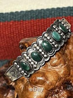 Bracelet manchette en argent de monnaie et turquoise de l'époque Fred Harvey des premiers artisans indiens IH