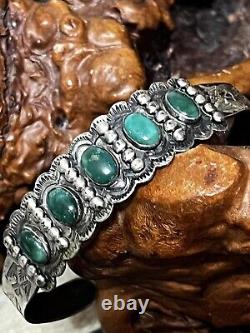 Bracelet manchette en argent de monnaie et turquoise de l'époque Fred Harvey des premiers artisans indiens IH