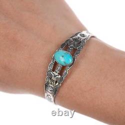 Bracelet manchette en argent et turquoise style Vintage Fred Harvey avec un oiseau-tonnerre