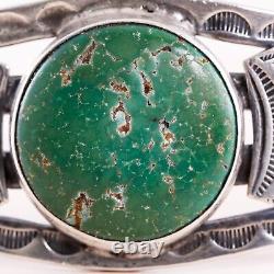 Bracelet manchette en argent sterling Fred Harvey avec turquoise verte et motif en forme de soleil et flèche 6.75.