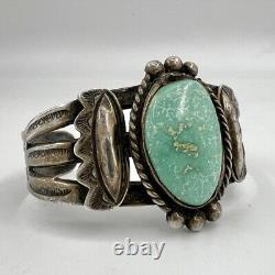 Bracelet manchette en argent sterling Navajo Fred Harvey avec turquoise Carico Lake estampillée