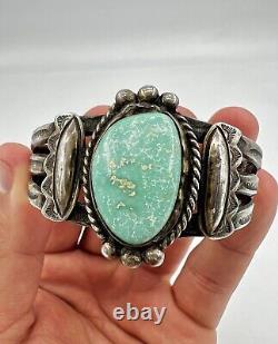 Bracelet manchette en argent sterling Navajo Fred Harvey avec turquoise Carico Lake estampillée