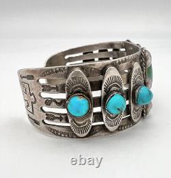 Bracelet manchette en argent sterling Navajo de Fred Harvey avec turquoise Cerrillos estampillée
