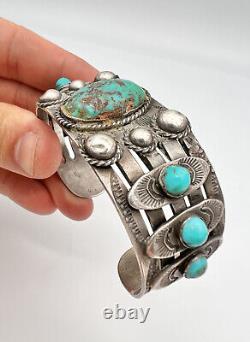Bracelet manchette en argent sterling Navajo de Fred Harvey avec turquoise Cerrillos estampillée
