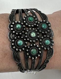 Bracelet manchette en argent sterling amérindien de l'ère Fred Harvey avec turquoise verte