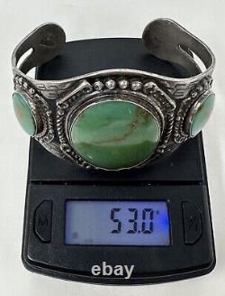 Bracelet manchette en argent sterling de l'ère Fred Harvey avec turquoise verte de Cerrillos