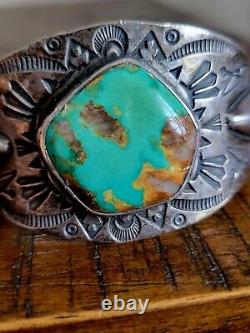 Bracelet manchette en argent sterling et turquoise de l'époque Fred Harvey Navajo des Amérindiens
