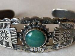 Bracelet manchette en argent sterling turquoise de style Fred Harvey des années 1950/1960 vintage