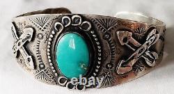 Bracelet manchette en argent tressé et turquoise de l'époque Fred Harvey, 24 grammes