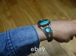 Bracelet vintage en argent sterling amérindien Navajo de l'ère Harvey avec turquoise