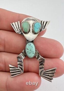 Broche épingle en argent sterling Navajo de l'ère Fred Harvey avec grenouille estampillée en turquoise