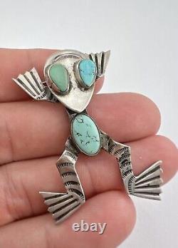 Broche épingle en argent sterling Navajo de l'ère Fred Harvey avec grenouille estampillée en turquoise