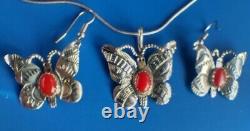 Collier et boucles d'oreilles papillon de l'ère Fred Harvey en agate cornaline et en argent sterling