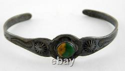 Cuff Bracelet Fred Harvey Era Argent Sterling Unmarked Vert Turquoise 6 Pouces