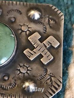 Début Navajo Fred Harvey Epoque Silver Turquoise Pin Whirling Logs Bump Ups Amazing