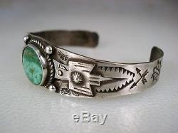 Early Hm Fred Harvey Ère Navajo Estampillé Argent & Turquoise Thunderbird Bracelet