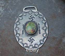 Early Old Pawn Navajo Fred Harvey Whirling Log Watch Fob Vtg Silver Turquoise