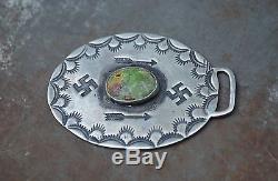 Early Old Pawn Navajo Fred Harvey Whirling Log Watch Fob Vtg Silver Turquoise