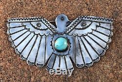 Énorme 4,25 Fred Harvey Navajo Thunderbird Blue Gem Turquoise Silver Pin