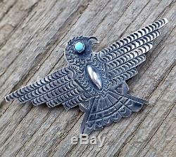 Énorme Fred Harvey Epoque Sterling Silver Thunderbird Blue Turquoise Pin Navajo