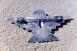Énorme Fred Harvey Epoque Sterling Silver Thunderbird Blue Turquoise Pin Navajo