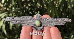 Énorme Vieux Fred Harvey Navajo Thunderbird Royston Turquoise Pin En Argent Sterling