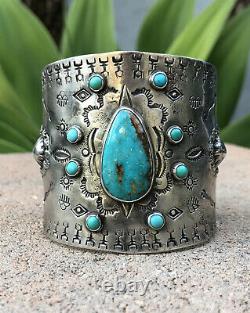 Énorme Vtg Fred Harvey Navajo Lingot Argent Estampillé Royston Turquoise Cuff Bracelet
